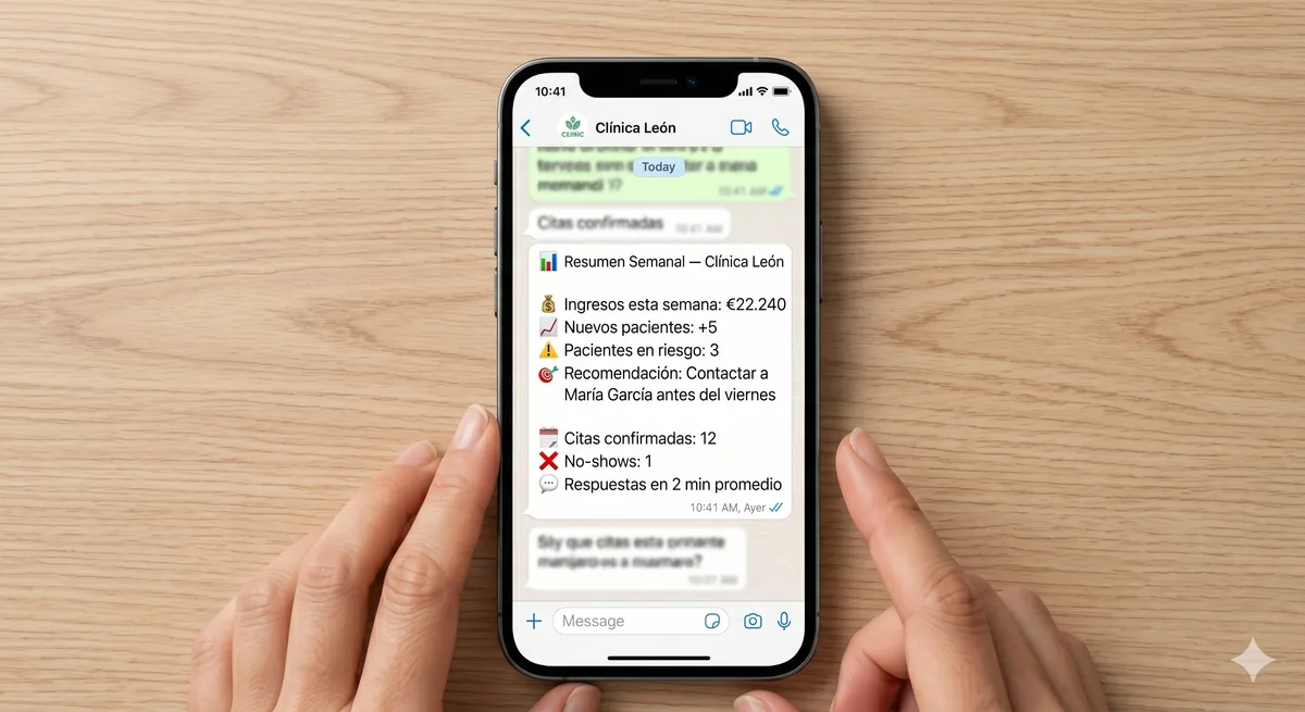 Panel semanal de Kairoh mostrado en un teléfono — ingresos, nuevos pacientes y pacientes en riesgo para una clínica quiropráctica